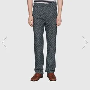 GUCCI グッチ GG Logo ECO WASHED DENIM WIDE Gucci Blue Eco-Washed Denim GG Jacquard Jeans Gucci